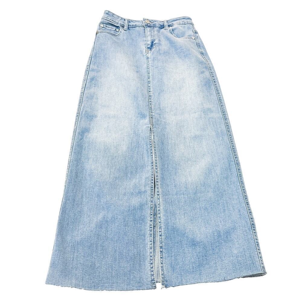 OAT NY Midi Skirt Light Wash Distressed Denim Jean Skirt Raw Hem Size 0 / 25